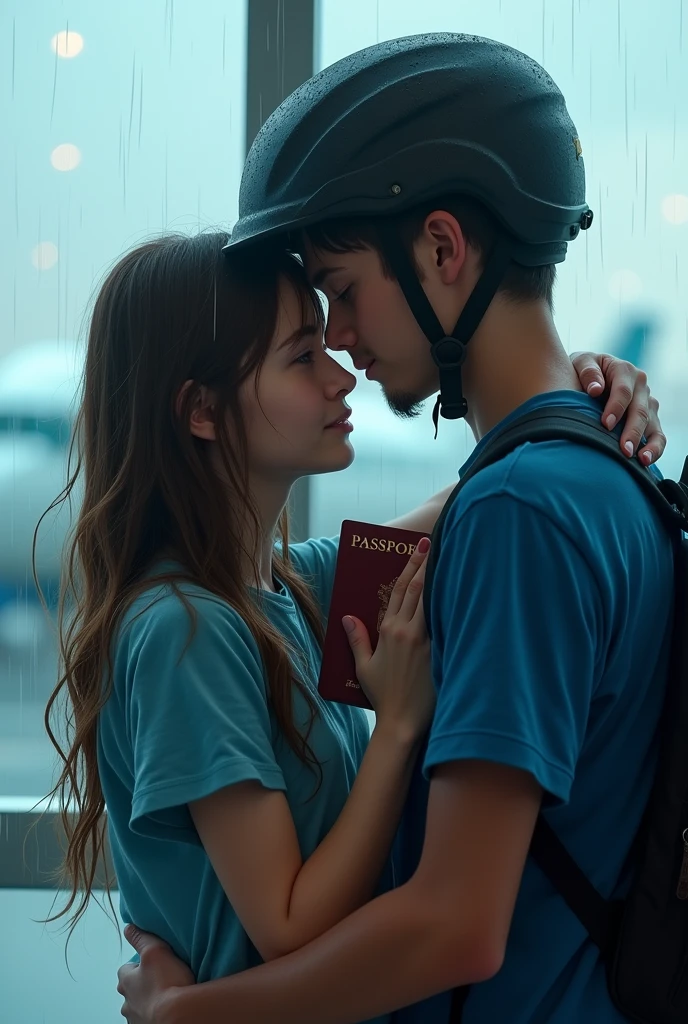 The girl goes to another country, The boy is drenched in the rain, The boy is wearing a blue T-shirt, The girl is holding a passport, Boy hugging the girl with a helmet air port visiting area, heart break,  An airplane can be seen from the side