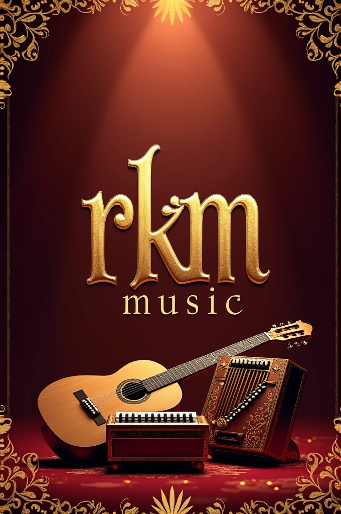 A thumbnail with name RKM music without any email id with indian instruments like guitar harmonium with royal look