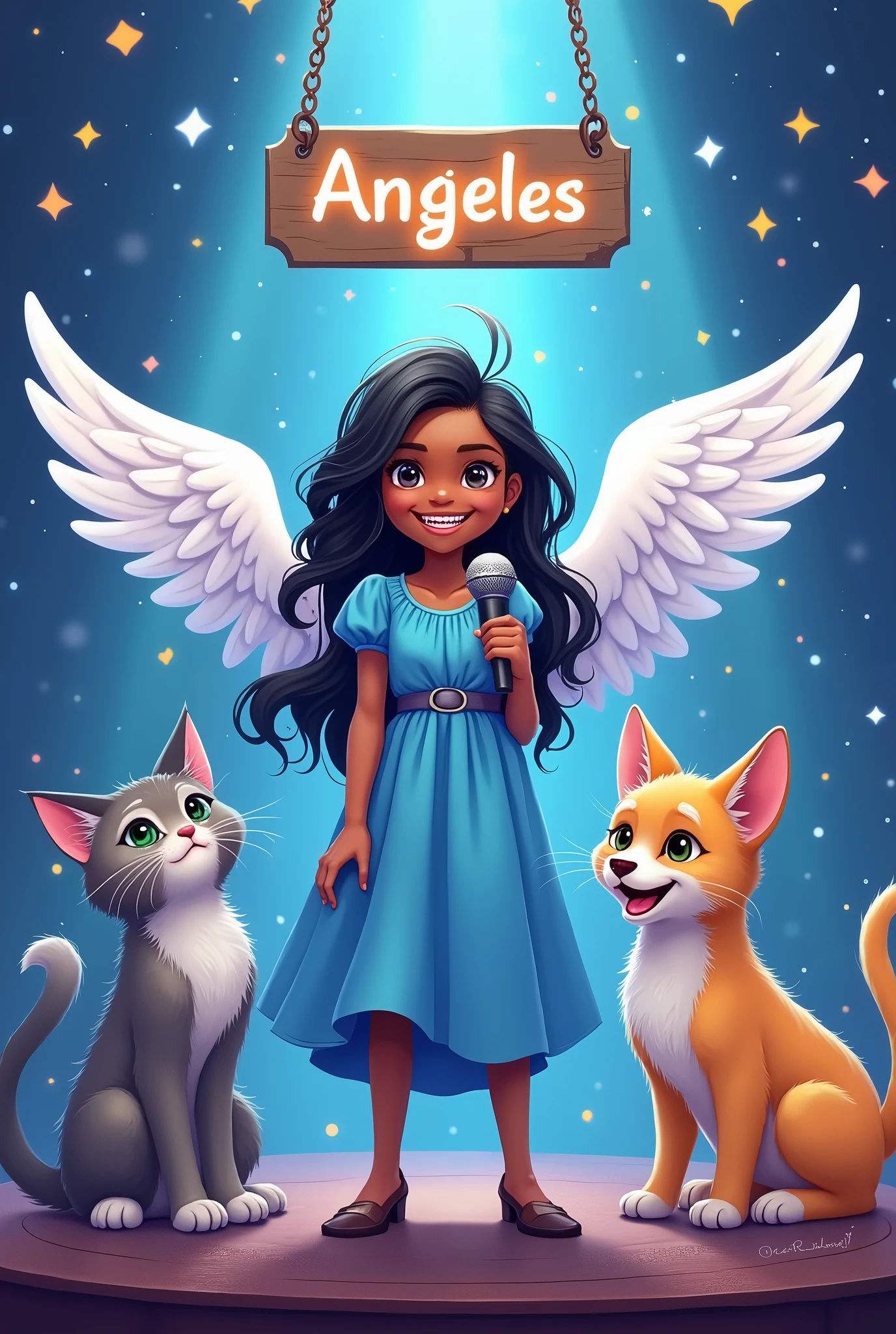 A dark skinned girl is on a stage with a beautiful long blue dress and white wings with a winged microphone, she has a wide nose, a big beautiful smile, she wears braces, her hair is black, next to her are her 3 pets, her large, completely lead, Angora kitten, her large, beige Golden puppy watching her next to her and her last pet, the smallest, a beautiful yellow and white kitten, above them they have a sign that says Angeles 
