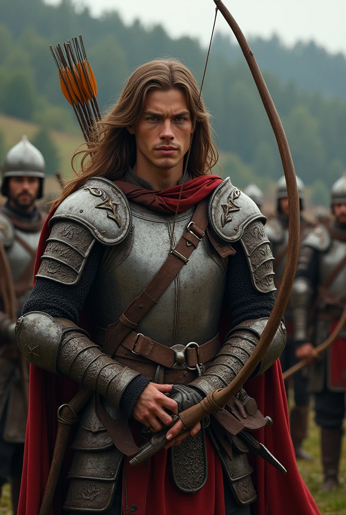Short Italian soldiers, 27 years old, long brown hair, gray eyes, wearing sturdy medieval armor. The soldier holds a bow of arrows