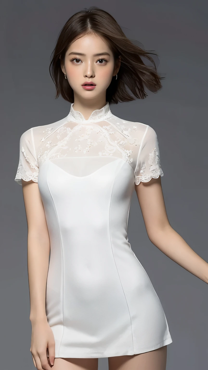 Highest quality,masterpiece,Ultra-high resolution,(Actual:1.4),Original photo,Ultra-high resolution，8K，There are also women，Fair skin、Transparent short-sleeved one-piece white dress
Long legs:1.5，Bright and beautiful，high waist，Flashy makeup，Gray background，