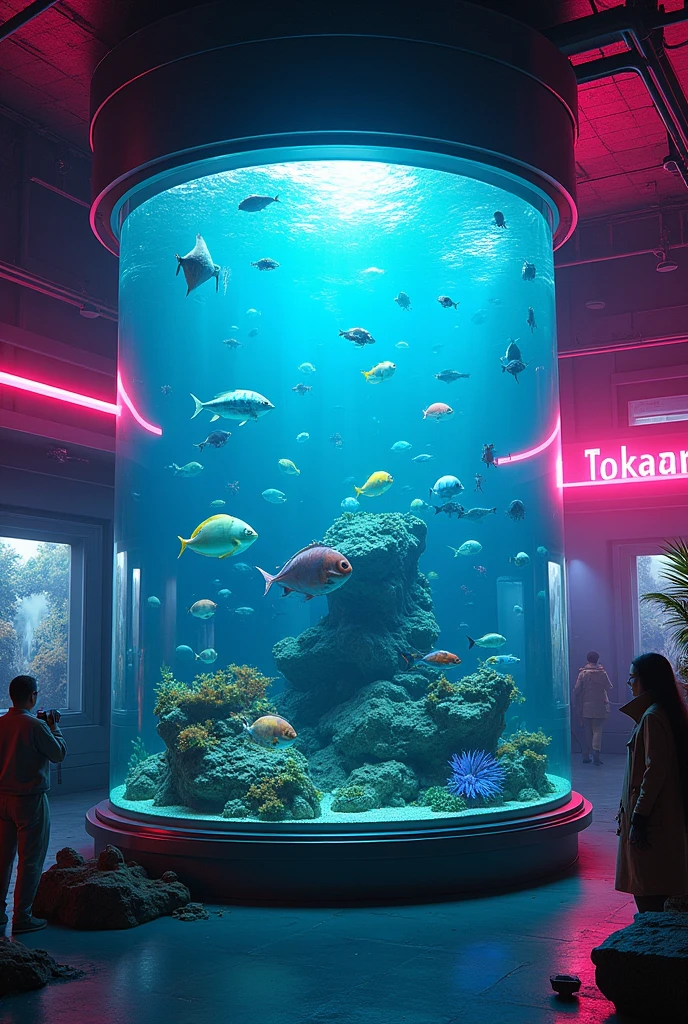 In the Cyberpunk Room, un grand aquarium, neon lights and it says tokaan on a wall