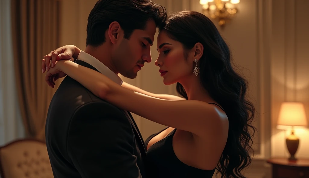 A sensual woman with long, flowing black hair, embracing a distinguished man who appears to be a director. She is wearing a stylish, form-fitting outfit that accentuates her curves, while the director is dressed in a smart, professional suit. They are in a luxurious setting, such as an elegant office or high-end studio. The scene is intimate, with soft lighting that highlights their features and creates a warm, inviting atmosphere. The woman’s expression is confident and alluring, while the director’s expression shows admiration and affection.
