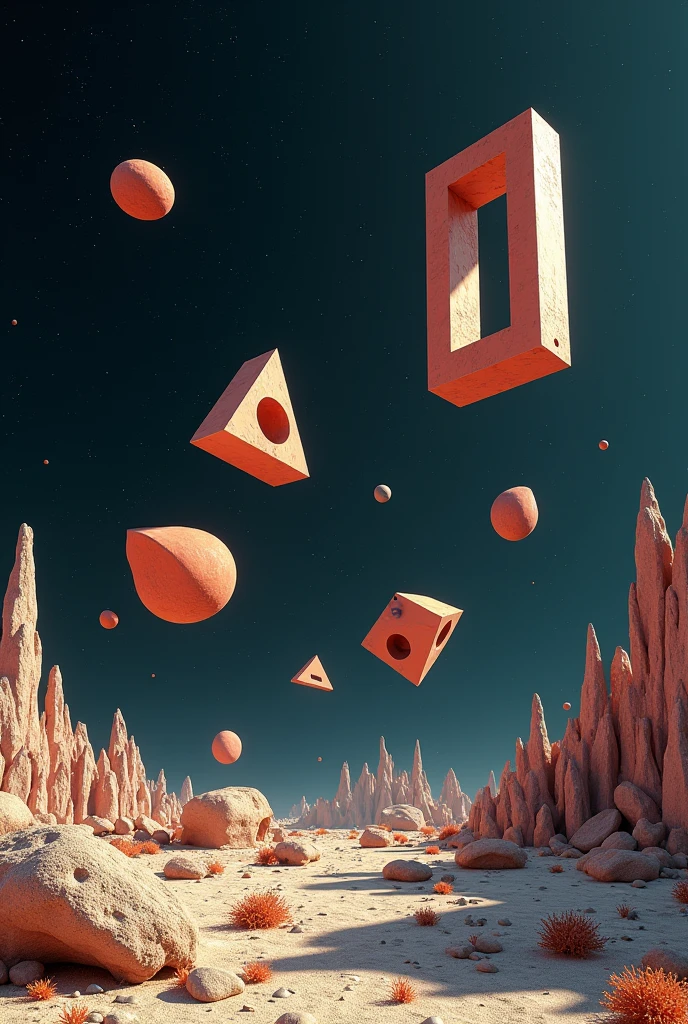 Floating geometrical 3d shapes levitating above ground on a weird landscape filled with old mechanical parts remnants from past civilization. Odd shapes of rock formations are scattered around. It's night time with pitch black sky full of stars and planets. Realistic, hyperrealism, high resolution, 4k hdr, volumetric lighting, extreme quality, sharp details, extremely detailed render