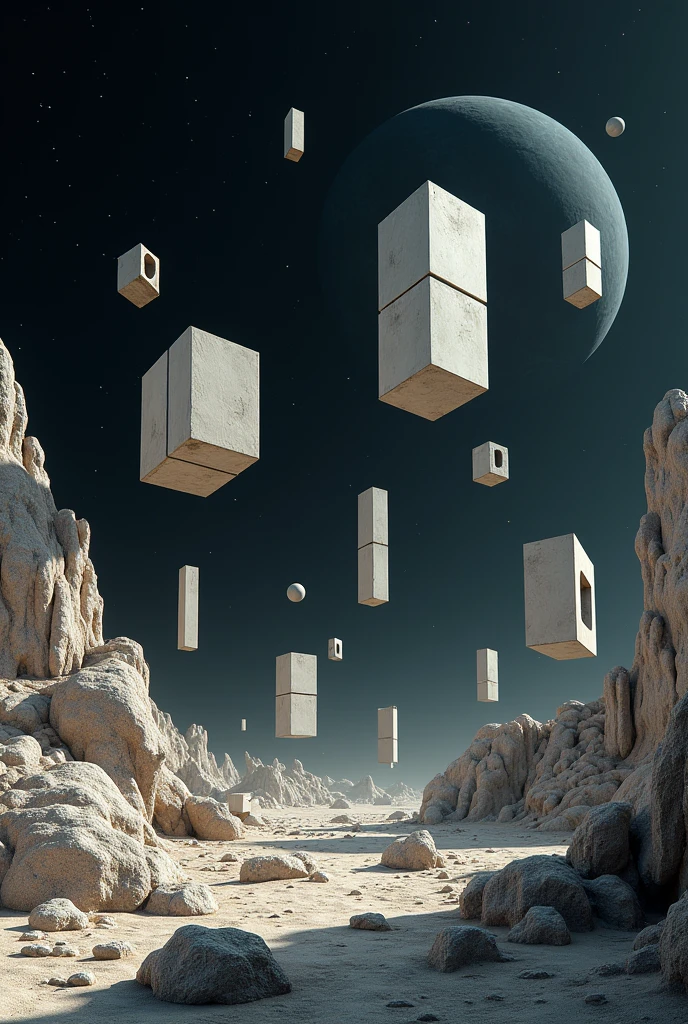 Floating geometrical 3d shapes levitating above ground on a weird landscape filled with old mechanical parts remnants from past civilization. Odd shapes of rock formations are scattered around. It's night time with pitch black sky full of stars and planets. Realistic, hyperrealism, high resolution, 4k hdr, volumetric lighting, extreme quality, sharp details, extremely detailed render