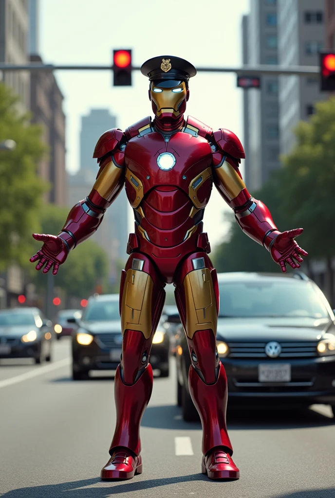 Ironman is standing at the red light square and giving stop instructions to the traffic  in the traffic police dress and also wear a traffic police cap. (full image)