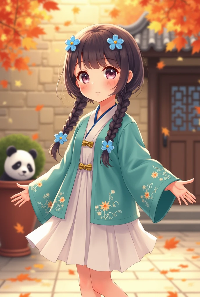 A charming young girl in traditional East Asian attire, Moe style, Colors are usually soft and bright,Delicate details,Give people a sense of warmth、Homely feeling,featuring a turquoise jacket with floral patterns and a flowing white skirt. She has two playful braids adorned with delicate blue flowers. The scene is set in a serene courtyard with a rustic wall and a wooden door, where a small, adorable panda peeks out from behind a flower pot. Gentle autumn leaves are falling around, adding a whimsical touch to the atmosphere, illuminated by soft, warm sunlight casting gentle shadows on the ground.