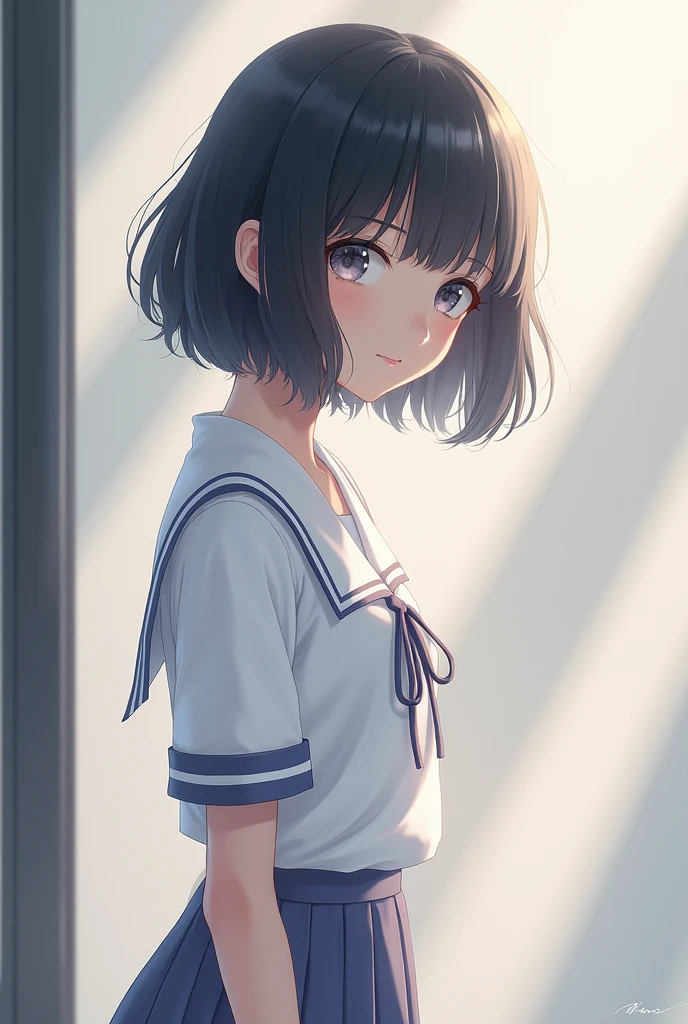 Beautiful Asian school girl with short black hair wearing uniform
