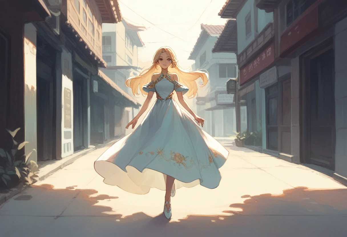 female, full body, walking, long weavy hair , blonde,(masterpiece), Extremely detailed, detailed outfit, random pose,(dress), (asian: 1.1), Anime Style