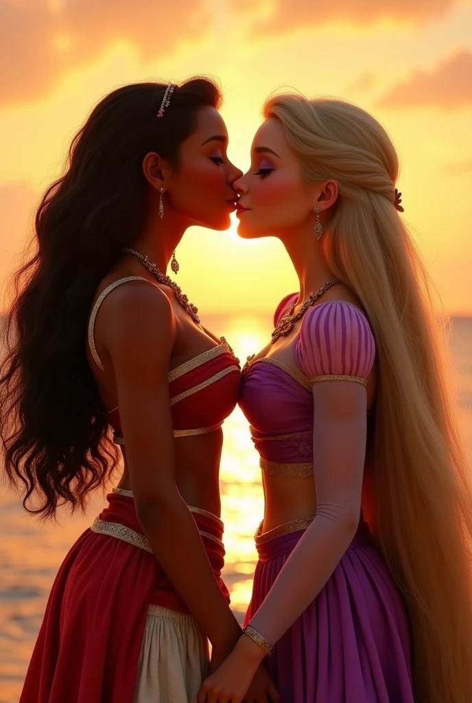 A picture of Moana, young and beautiful, hyper realistic, real portrait, backlit, exquisite features, cleavage, sunset, she is kissing Rapunzel who has long flowing blonde hair, backlit 