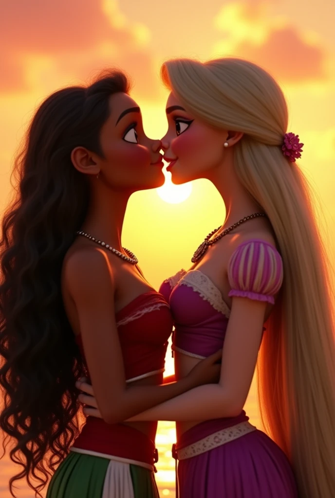 A picture of Moana, young and beautiful, hyper realistic, real portrait, backlit, exquisite features, cleavage, sunset, she is kissing Rapunzel who has long flowing blonde hair, backlit