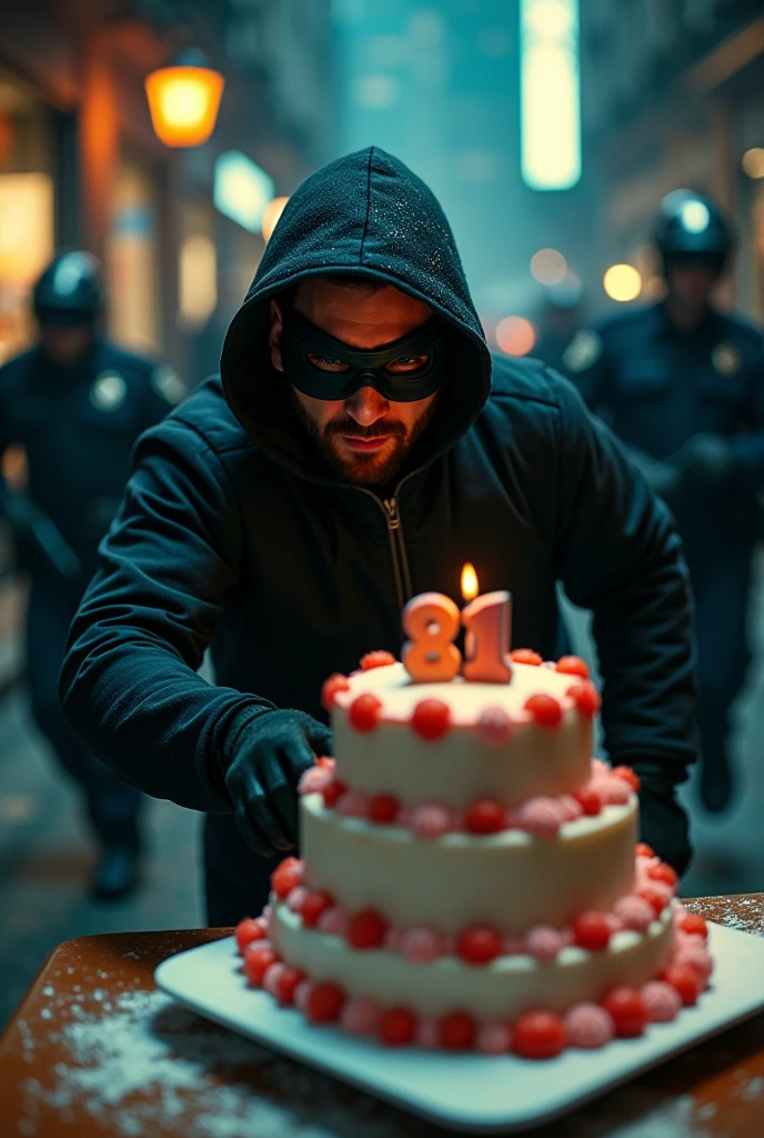 Messi dressed as a thief stealing a birthday cake and escaping from the police