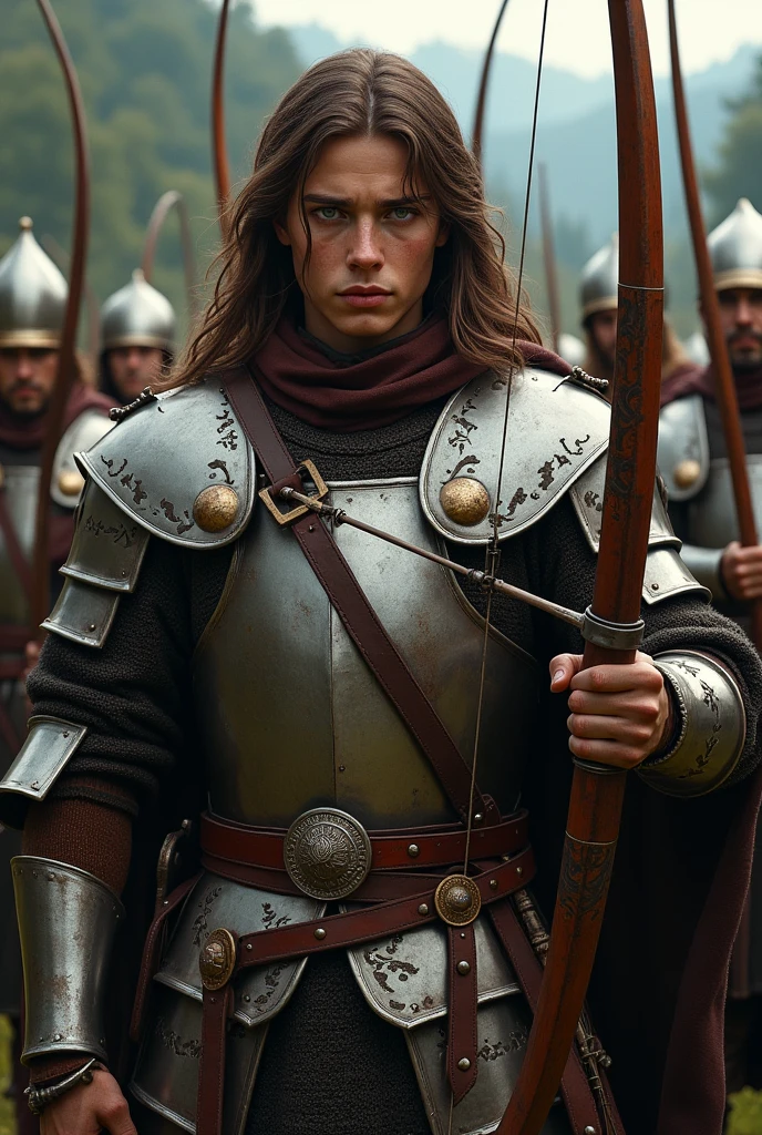 Short Italian soldiers, 27 years old, long brown hair, gray eyes, wearing sturdy medieval armor. The soldier holds a bow of arrows