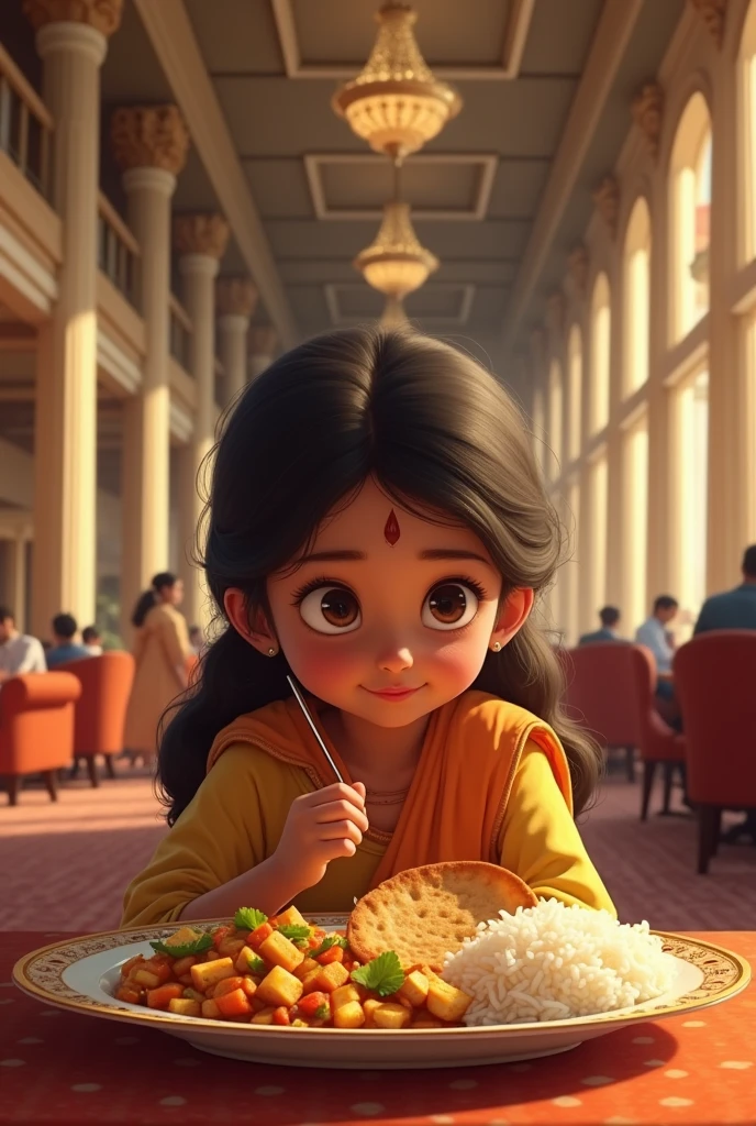 In a very big hotel, a girl is sitting and eating Paneer Chilli and butter roti and rice.