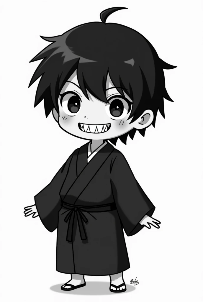 Cutie Sticker Chibi boy black and white hair smile with sharp teeth , slightly dark skin black kimono short straight hair