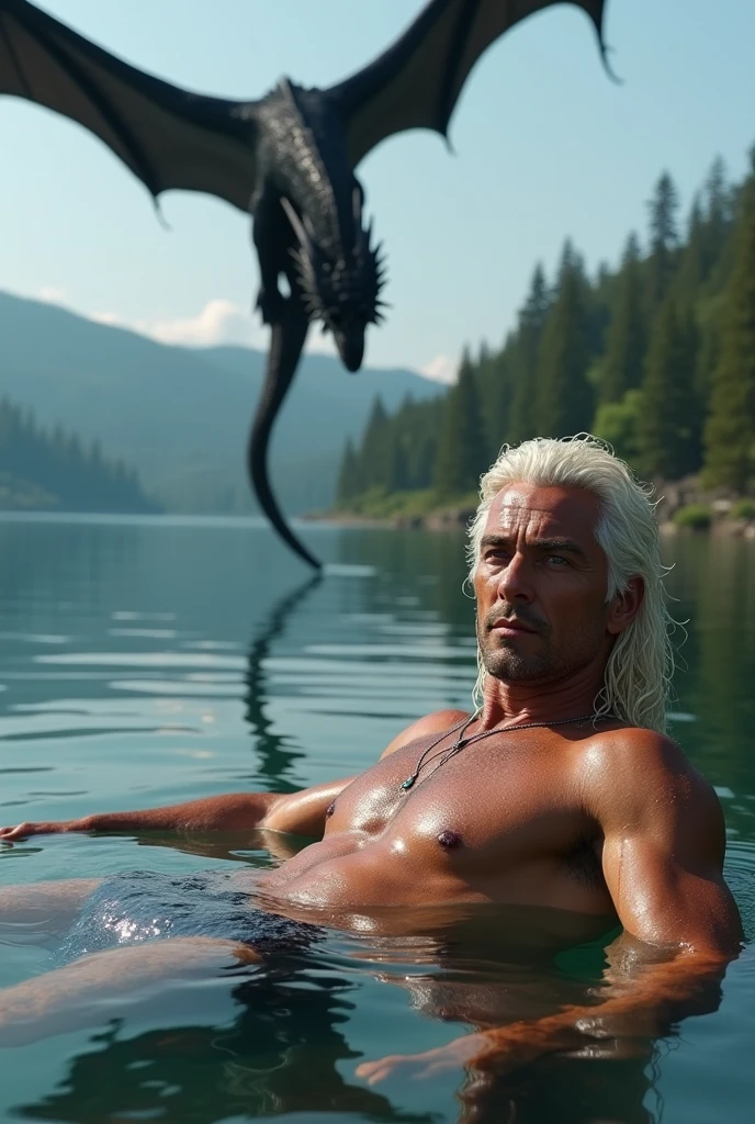 A Handsome Hot Sexy Targaryen man with long curly platinum blonde hair, he's bathing on a lake and his large black dragon flying on sky far,