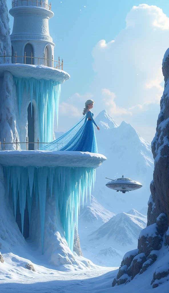 image: Elsa standing on the balcony of the sparkling ice castle, look down, all around is white snow falling gently. In the distance is a pale blue sky and snow-capped mountains.. Below, A small spaceship is landing in front of the castle gate..