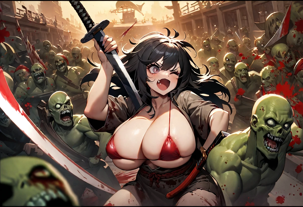 8k, super detail, best quality, 1girl, Full body portrait, (Big Breasts, Plump, Micro Bikini), Cowboy hat, Waving a sword, Straw sandals, black hair, multicolored hair, messy hair, big hair, wince, long eyelashes, fang, drop shadow, ((Japanese sword, Slashing zombies, Zombie hordes, Blood splatter))