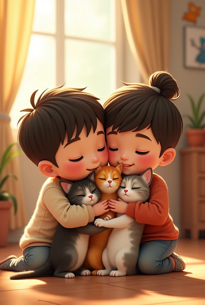 A boy and a girl hugging 3 cats.
