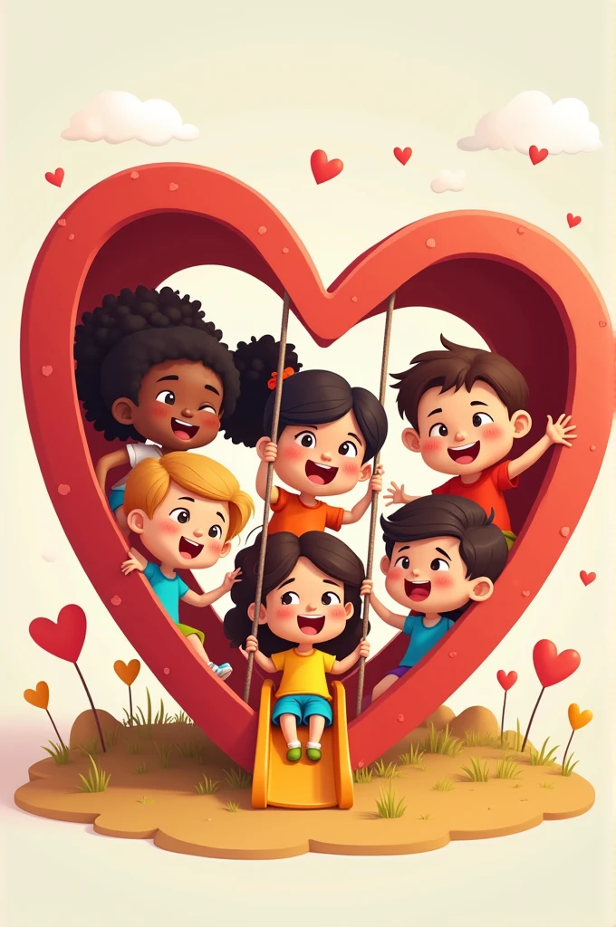 a cartoon image of multi-ethnic children playing inside a red heart shaped silde and swing