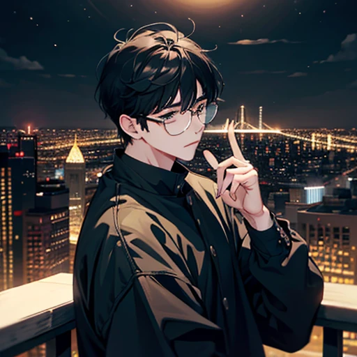 Center Part、Man、Boston-shaped glasses、Black Hair、City of night、