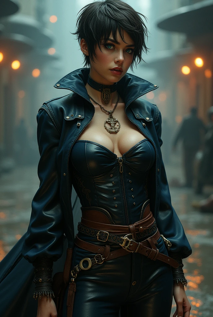 A Beautiful 25 years old woman. Dark brown hair, pixie haircut. blue eyes. slightly daring outfit. goth tomboy. well dressed Pirate captain. maidenly charm. Dark sci-fi. Warhammer 40k. Dieselpunk. oil painting.