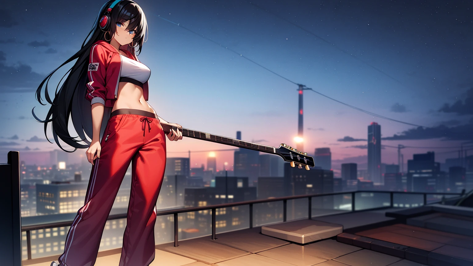 (best quality), ((masterpiece)), (highres), illustration, original, extremely detailed, 1girl, headphones, solo, Electric guitar Amplifile Guitar, sky background, midriff, pants, blue eyes, hair over one eye, simple background, shoes, black hair, long hair, hood, full body, red jacket, looking at viewer, hoodie, sneakers, hoop earrings, crop top, red pants, standing, jacket, baggy pants, dark-skinned female, breasts, closed mouth，night Sky, night, rooftop ,