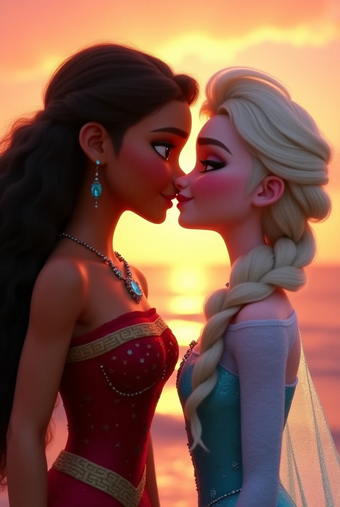 A picture of Moana, young and beautiful, hyper realistic, real portrait, backlit, exquisite features, cleavage, sunset, she is kissing Elsa from frozen