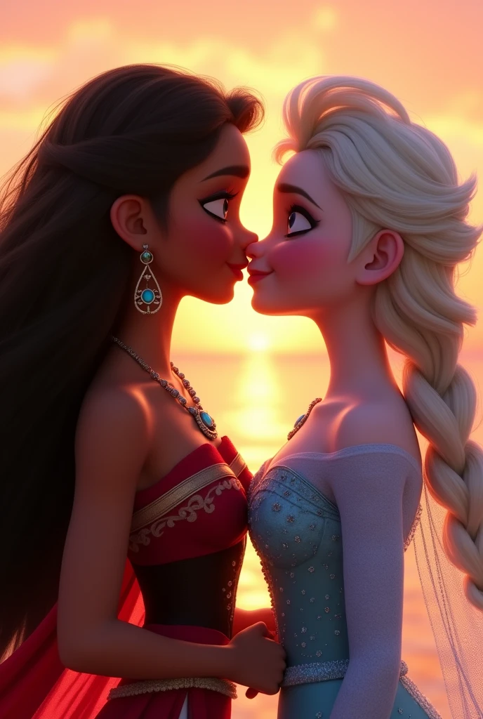 A picture of Moana, young and beautiful, hyper realistic, real portrait, backlit, exquisite features, cleavage, sunset, she is kissing Elsa from frozen