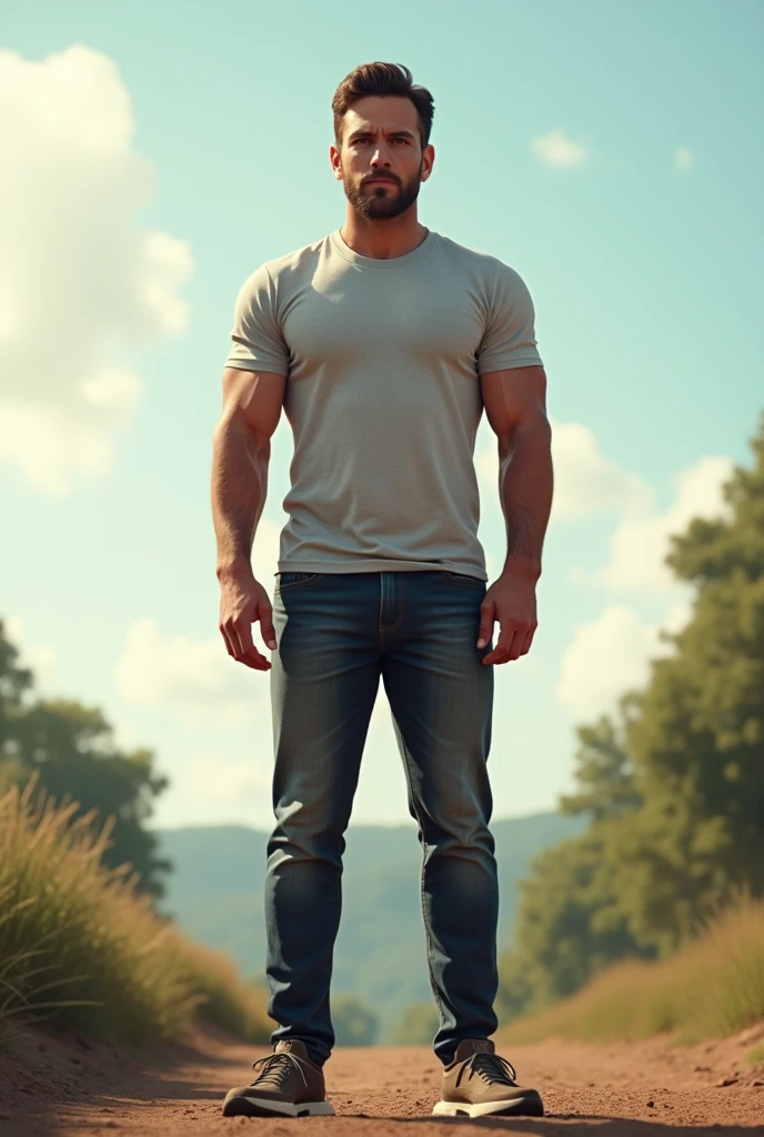make me a prompt of a man standing outdoor with complete body hands face and foot side view or front view whole body 