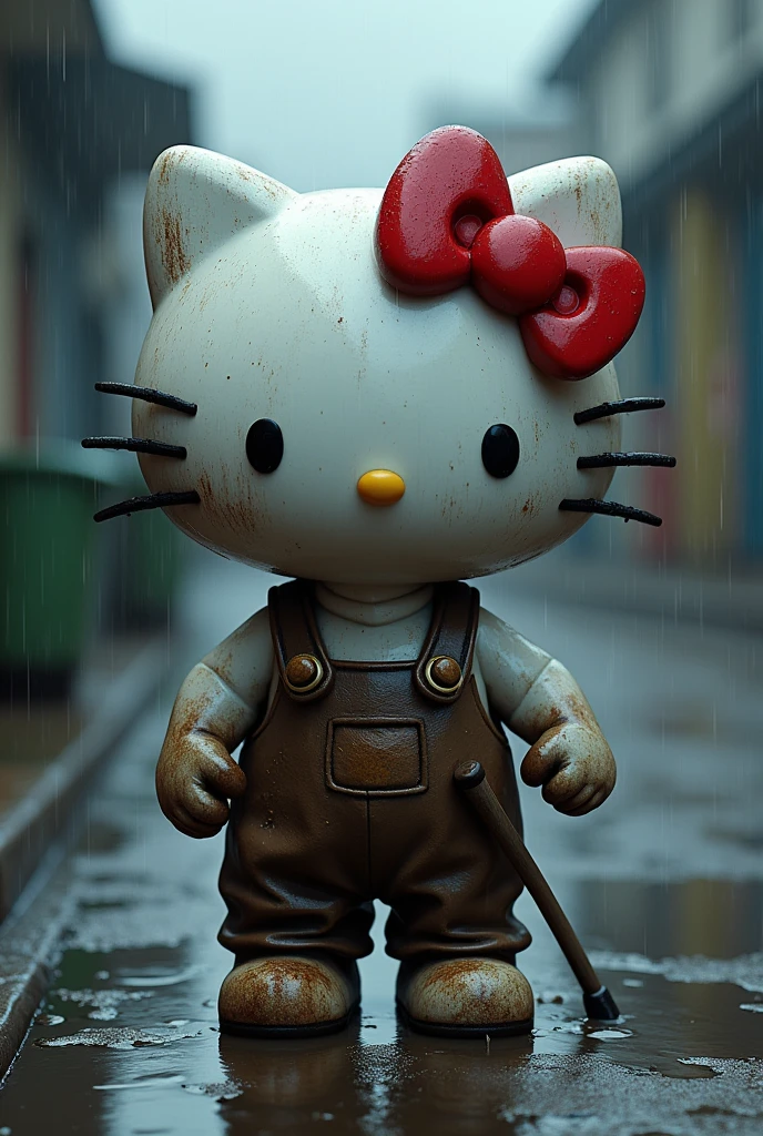 HELLOKITTY working in the rain，Covered in mud, very sad，