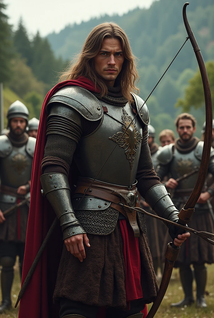 Short Italian soldiers, 27 years old, long brown hair, gray eyes, wearing sturdy medieval armor. The soldier holds a bow of arrows