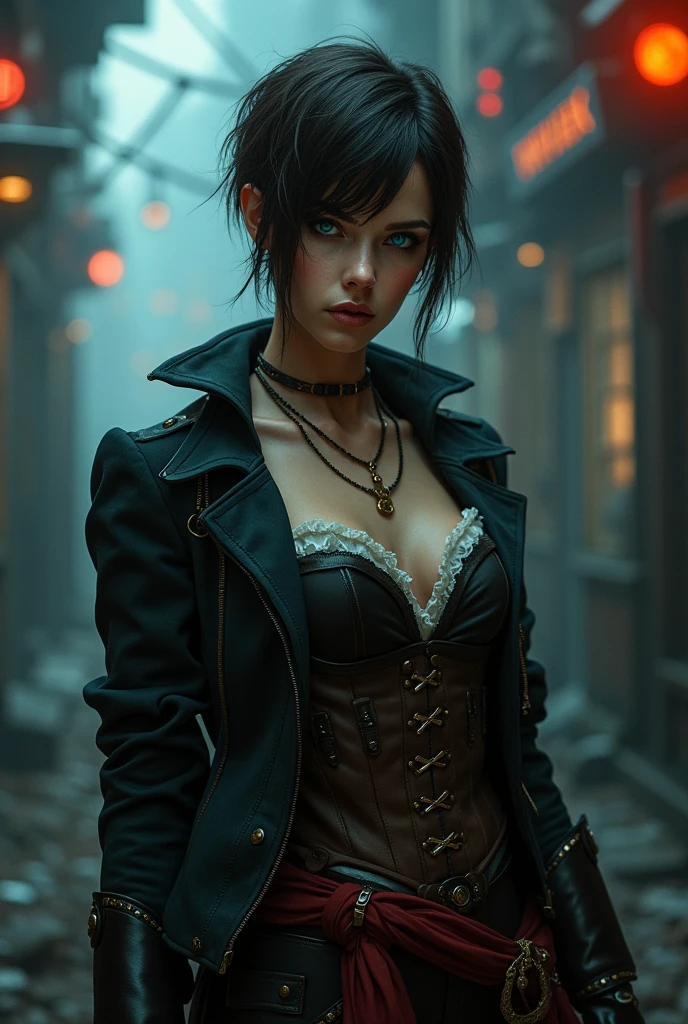 A Beautiful 25 years old woman. Dark brown hair, pixie haircut. blue eyes. slightly daring outfit. goth tomboy. well dressed Pirate captain. maidenly charm.  Dark sci-fi. Warhammer 40k. Dieselpunk. oil painting.
