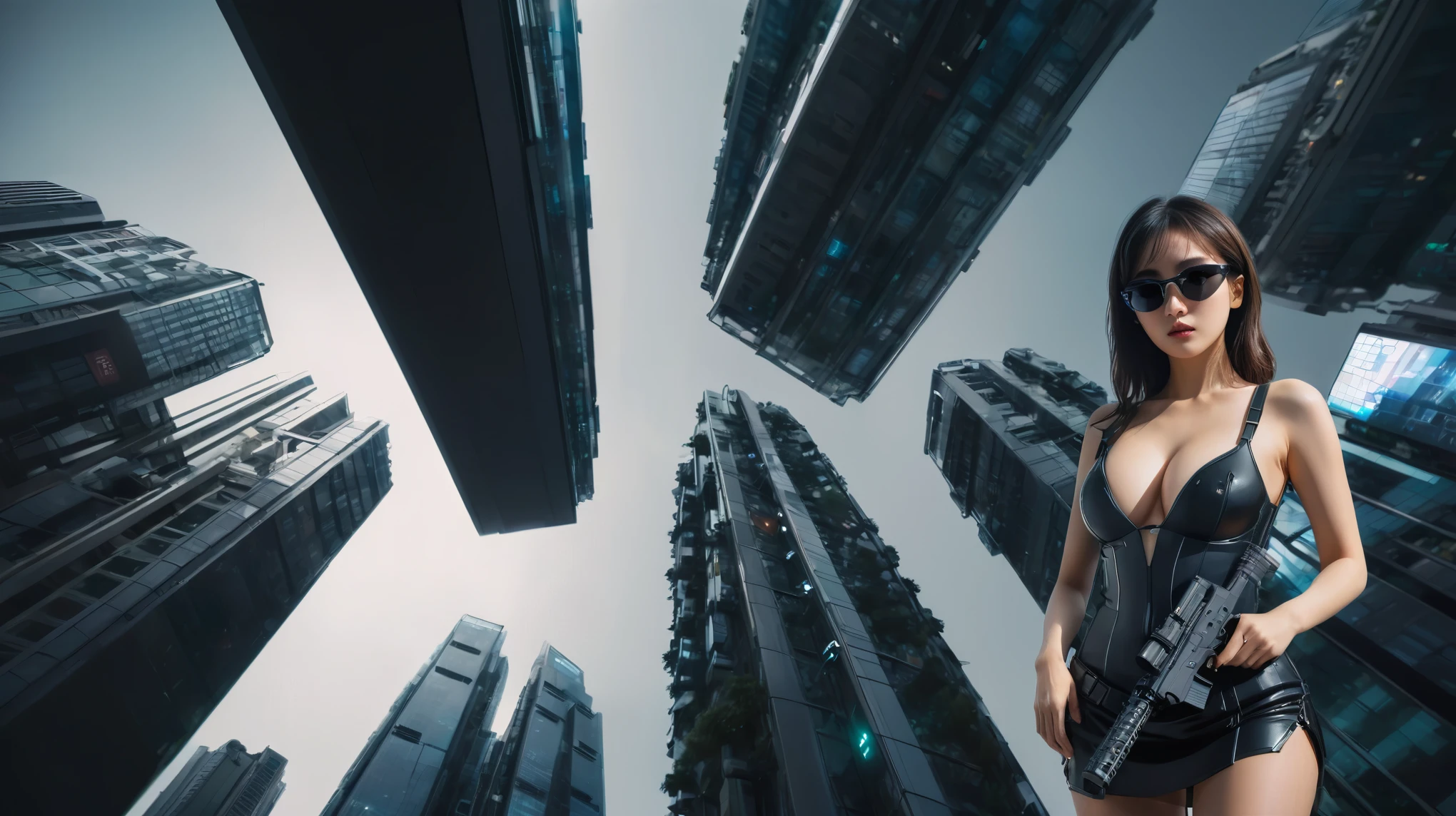 (Low angle view). A futuristic sci-fi all-glass Tokyo city, tall neon buildings, transparent elevator, 1 drone. High-resolution OLED GUI interfaces in the building, The windows are filled with transparent data visualization infographics that show it all, from weather patterns to traffic flow, Matrix cascading code. Colors are saturated and vibrant. At night, (1girl, solo), photo realistic, medium-breast:1.3 slim body, cleavage, sexy costume, miniskirt, (matrix style black sunglasses, holding a short gun), half-body thigh level medium shot, cinematic lighting, ray tracing.
