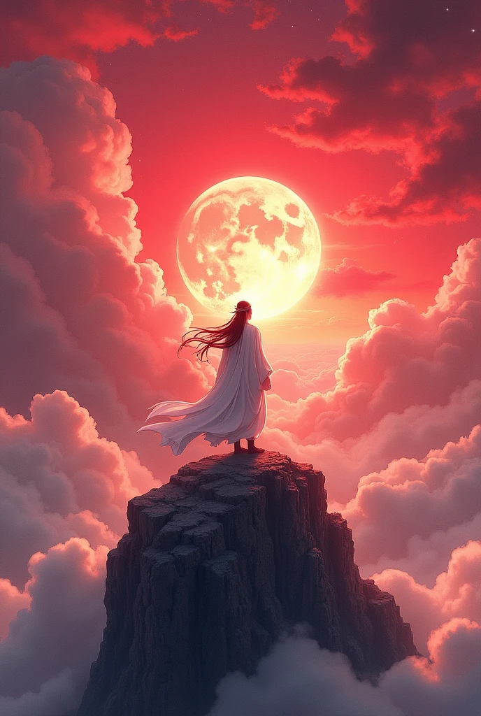 Page 1:
The scene opens in a world of immortals. The sky is deep red, clouds swirl like dragons, and the energy of the wind is thick and palpable. The young immortal “Bai Chen” stands on the highest peak of the mountain, looking down at the sea of clouds below. He wears a long white robe, his long hair fluttering in the wind, and the spiritual energy around him radiates powerfully. Bai Chen (Think to yourself): “I have reached the peak of cultivation in this world… but why do I still feel like something is missing??” ช่วยเอามาสร้างเป็นภาพมังงะ เอาบทพูดหรือบทThink to yourselfทำเป็นตัวหนังสืออยู่ในภาพ