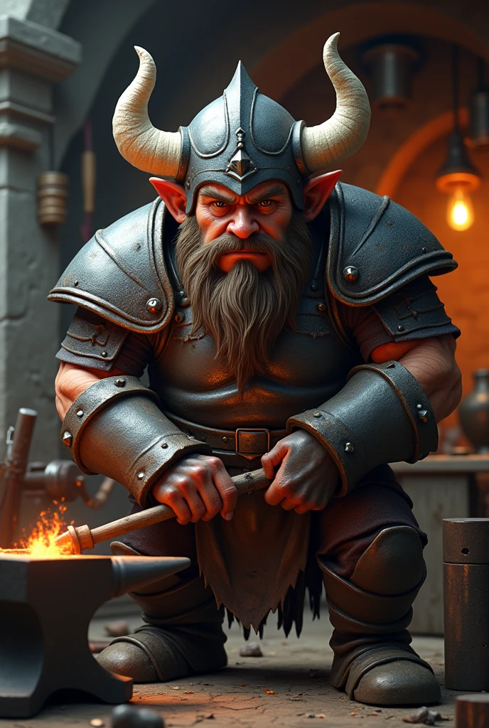 (photorealism:1.2), a dwarf, medieval fantasy world, a blacksmith, wearing armor with a horned helmet. Grumpy looking demeanor.