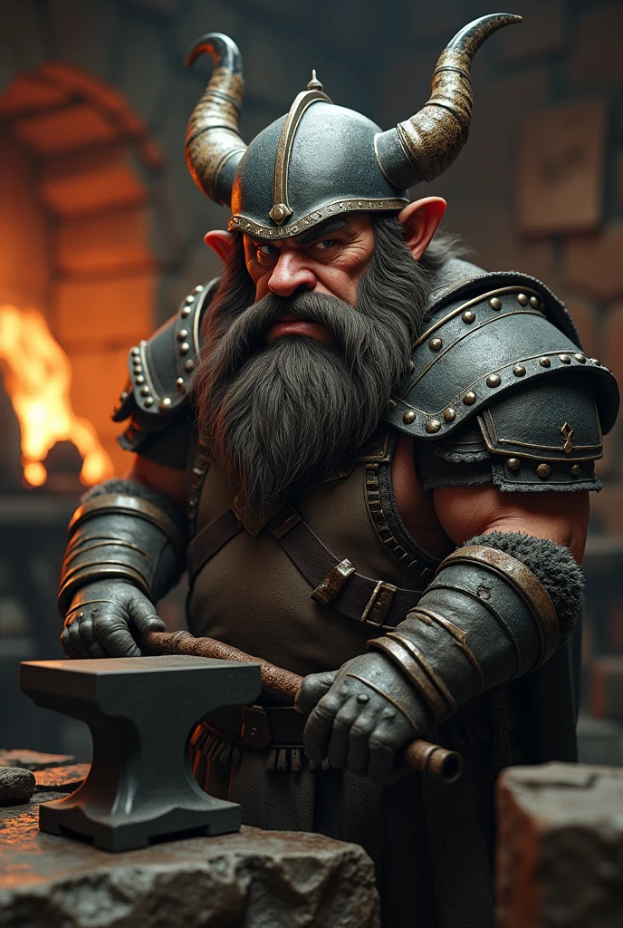 (photorealism:1.2), a dwarf, medieval fantasy world, a blacksmith, wearing armor with a horned helmet. Grumpy looking demeanor.