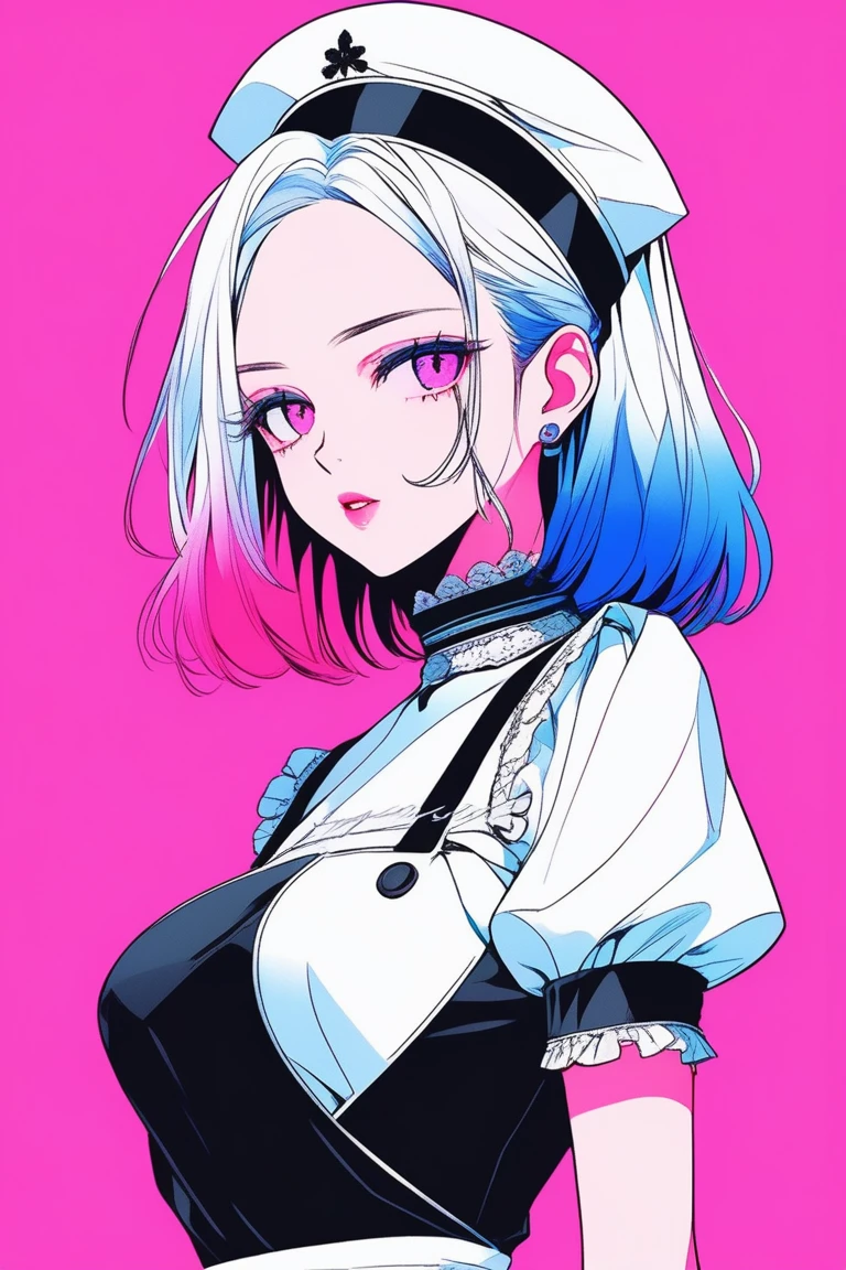 Illustrator, anime , Realistic ,sketch , 1 person, model, Age 25, lip, Sexy and revealing black sheer maid outfit, order, Blue and pink gradient background, Neon Hair, Big Breasts, Her cleavage is visible, look back, Upper body close-up, Sexy look, Texture Trim, Russia, (masterpiece,Highest quality)
