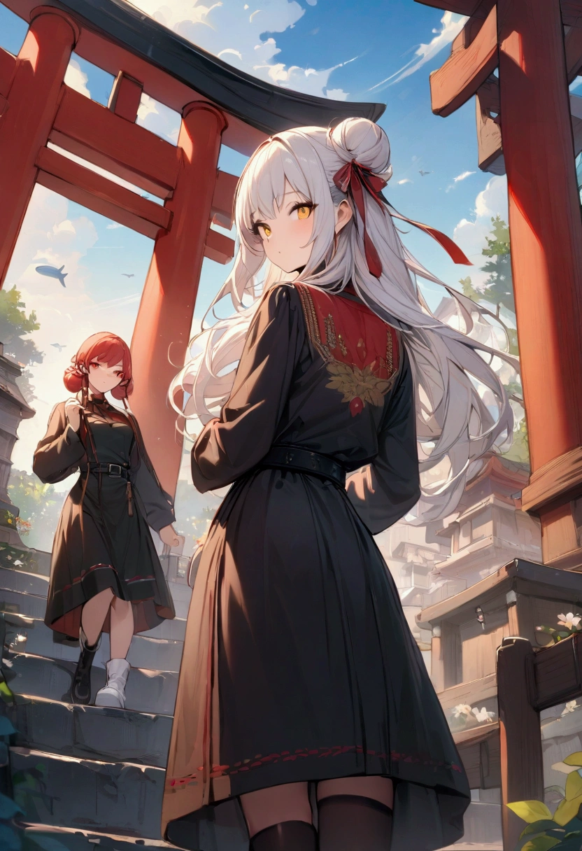 ((masterpiece,best quality)),2 girls, black uniform, Black Legwear, black belt, White hair, 樱flower, sky, flower, Hair Bun, hair ribbon, Soviet clothes, uniform, Long hair, Looking at the audience, look back , Multiple girls, belt, outdoor, Red Eyes, Red hair, Ribbon, leather shoes, Monogram, stairs, permanent, statue, Whale bone torii, Tree, white boots, Yellow eyes