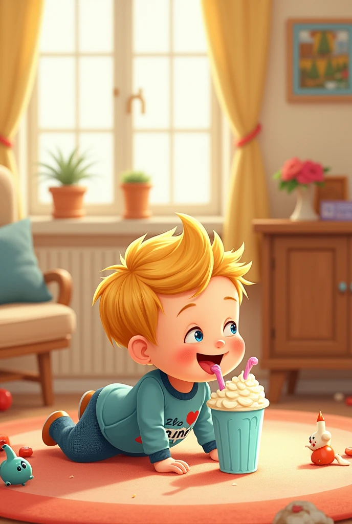 children's book illustration of a 4 yo blonde boy crawling and drinking a milk shake