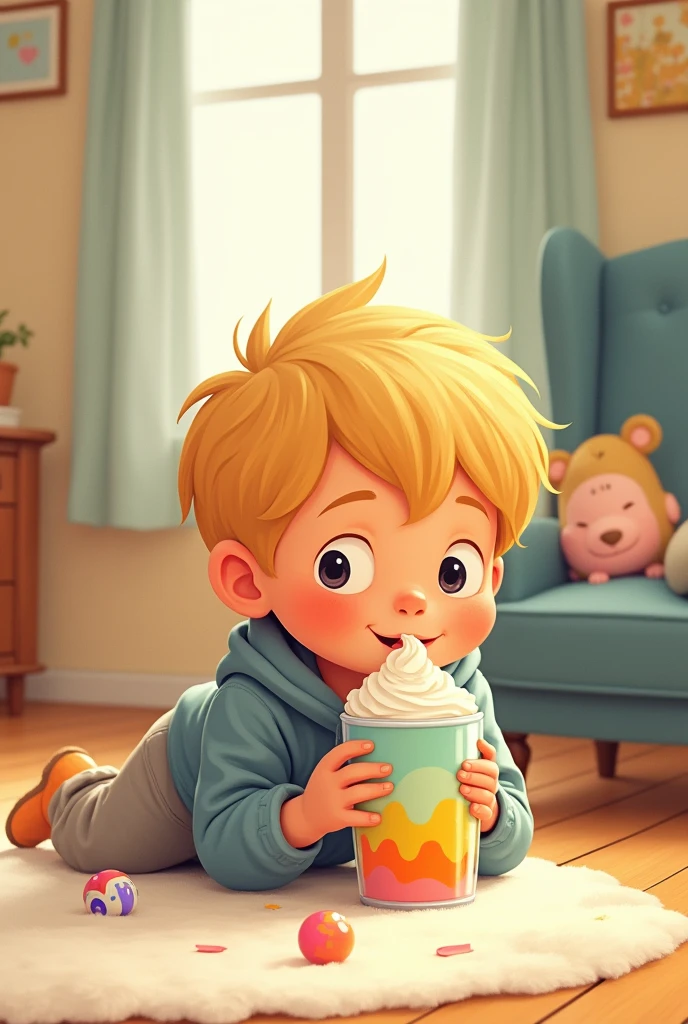 children's book illustration of a 4 yo blonde boy crawling and drinking a milk shake