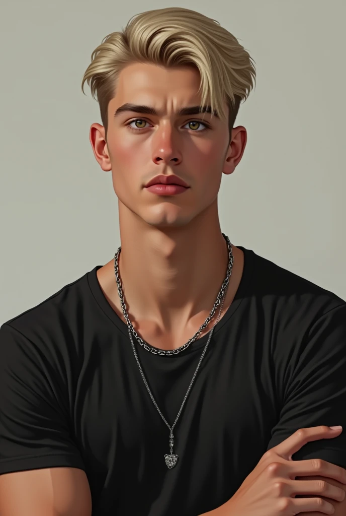 Create a realistic image of a boy, handsome and slim, with light blonde hair, short and combed to one side. The man has a serious but attractive expression, with honey-colored eyes that capture the light. He wears a thick silver chain hanging from his neck.. The boy is wearing a black t-shirt, has visible hands, posed naturally in front of him or to the sides, with a relaxed posture. The background should be simple and neutral, allowing the main focus to be on the boy&#39;s face, Her hands, and their facial details. short hair  (delgado) whole body