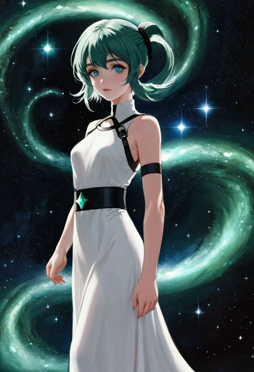  A girl,blue eyes,Innocence, Dark green hair, Double tail, White Dress, Black belt,weak,Official Art, Matte tinting, 1970s, psychic, nebula,(Stars), Meteor Showers,((Inspired by: imeon Solomon)),(masterpiece),(best quality:1.1),