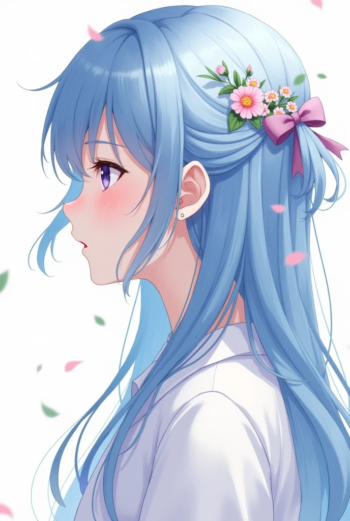 best quality, masterpiece, extremely detailed, detailed background, 1girl, solo, long hair, flower, blue hair, white background, pink flower, simple background, profile, upper body, shirt, white shirt, white flower, bow, bangs, purple eyes, leaf, blush