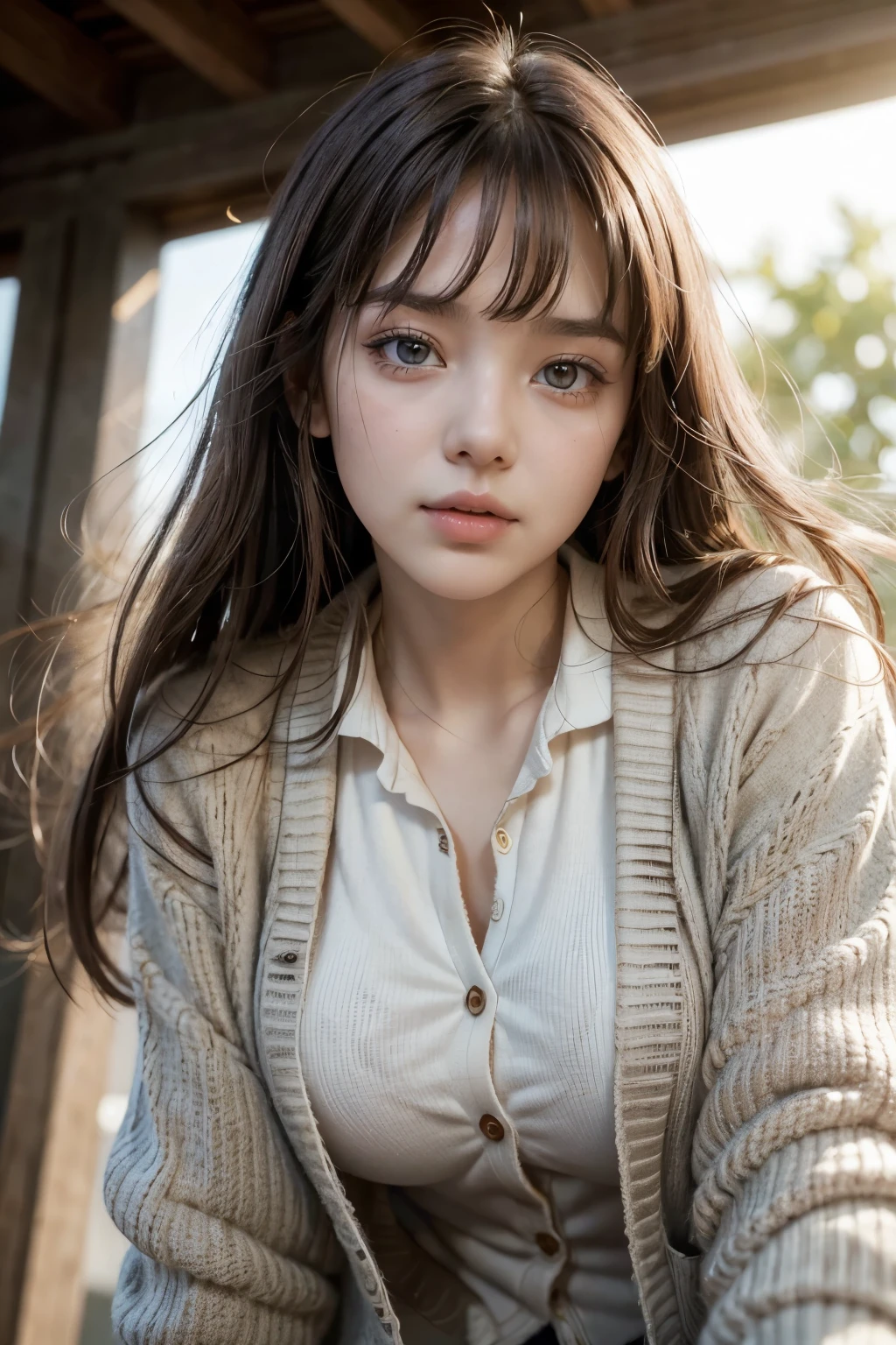 (A beautiful young girl with symmetrical facial features), (long wind-blown hair), ((wearing a school uniform with a cardigan)), bangs, thigh,looking down at the viewer, sunset lighting, ((large breasts)), detailed eyes, detailed lips, extremely detailed face, long eyelashes, intricate details, photorealistic, high quality, 8k, best quality, masterpiece, cinematic lighting, dramatic lighting, natural lighting, warm colors, soft focus, depth of field, elegant, serene, beautiful, captivating, ((From below)),(bent forward:1.5)