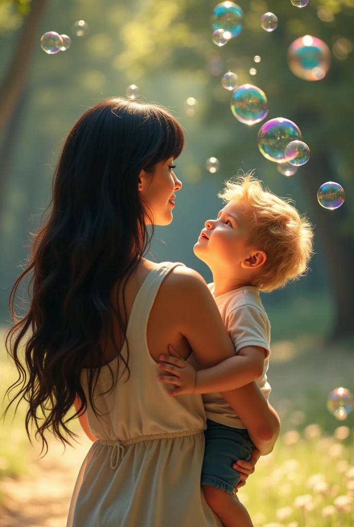 A Brazilian woman with long black hair and bangs, holding her little blond son, both with their backs to the photo, Playing with soap bubbles