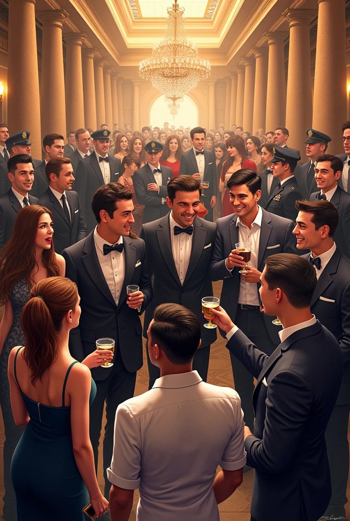 Some people are drinking alcohol in a big hotel. The public is standing around them and around them some policemen and some army men are also standing and everyone should welcome them.