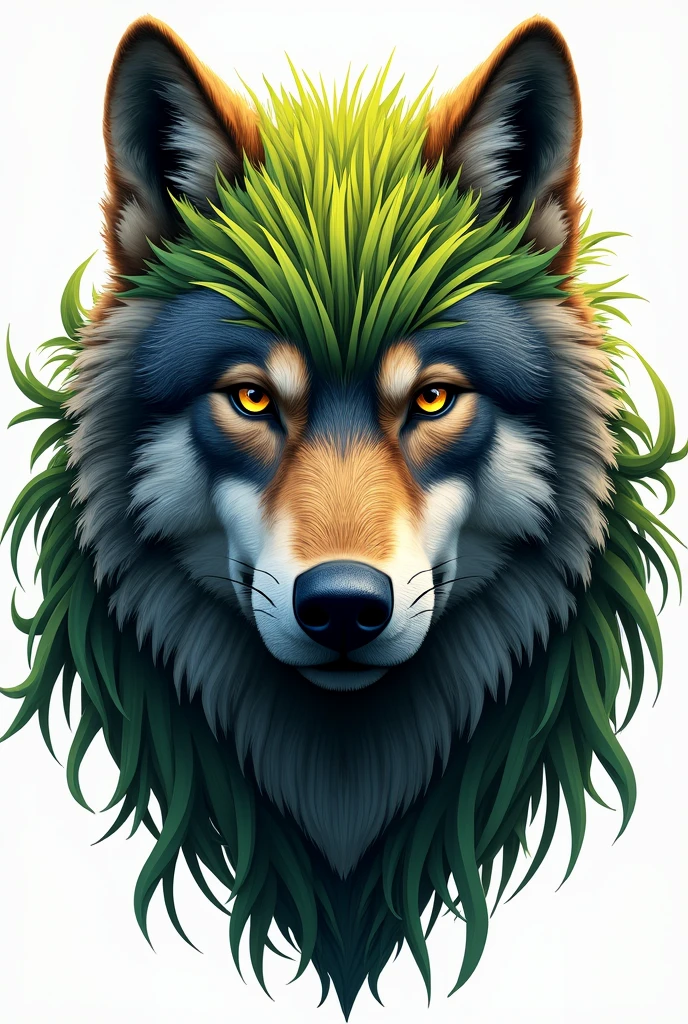 (photorealism:1.2),Draw me a logo of a giant wolf's head with tall grass growing on top, with the wolf facing forward."