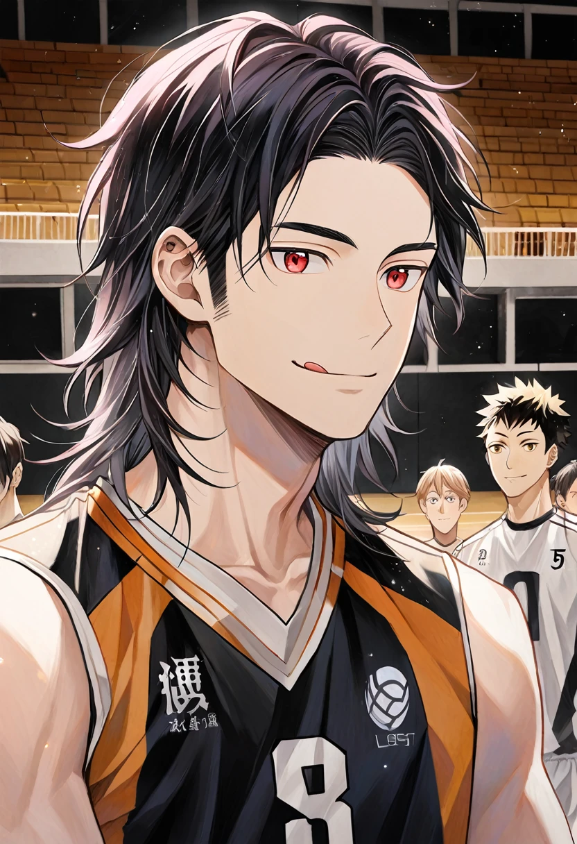 haikyuu style boy smiling,with white layered hair (hair down to the nape of the neck and longer sideburns with pink streaks)red eyes (Lost look)with a piercing on the tongue,nose and eyebrow with Shiratorizawa haikyuu uniform anime style(background of a volleyball court) Full body with Shiratorizawa volleyball uniform with number 13