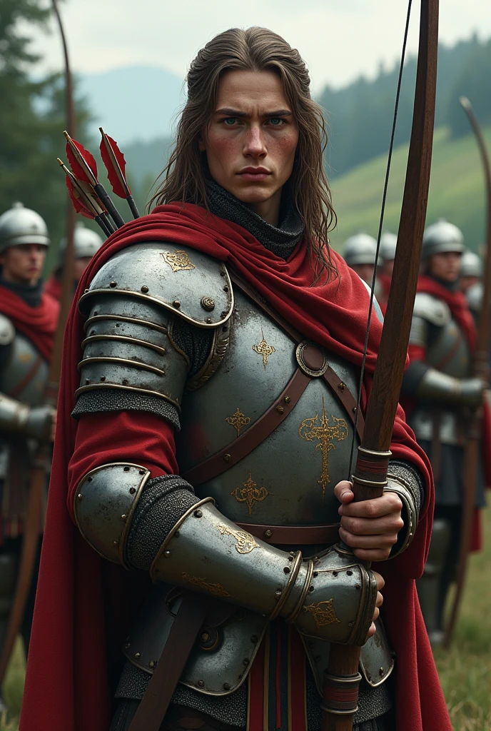 Short Italian soldiers, 27 years old, long brown hair, gray eyes, wearing sturdy medieval armor. The soldier holds a bow of arrows